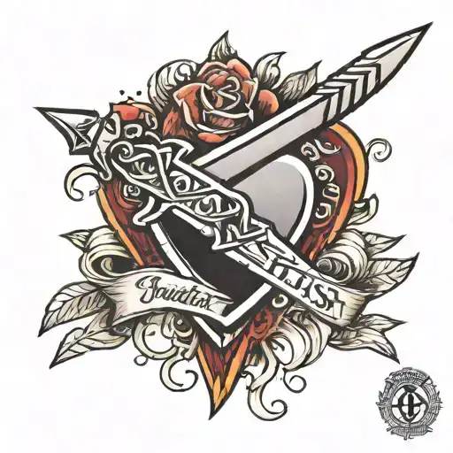 a dagger from the top down through a heart with the inscription around it "don't trust"   tattoo design idea