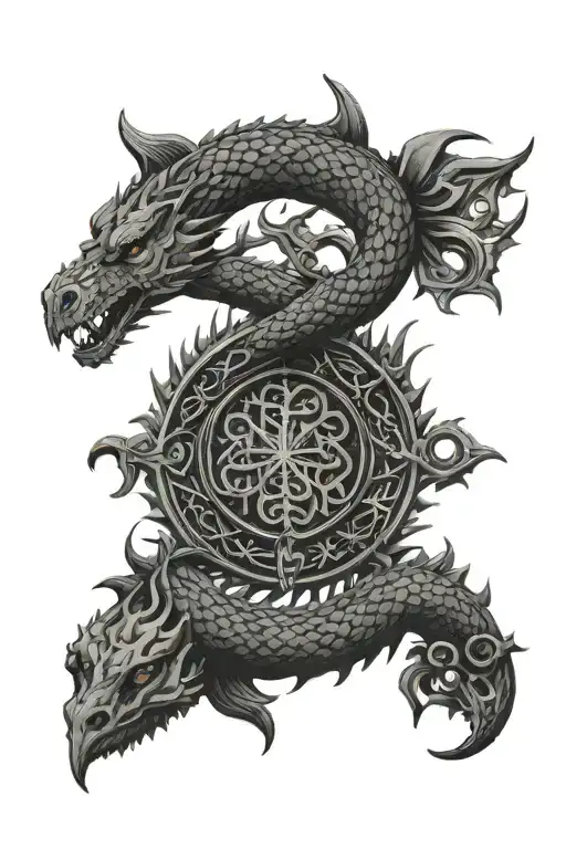 Jörmungandr, vegvisir and yggdrasil merged together tattoo design idea