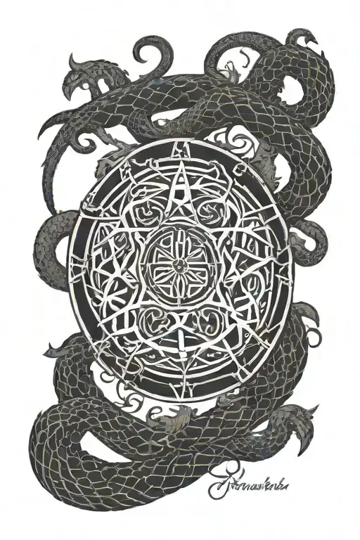 Jörmungandr, vegvisir and yggdrasil merged together tattoo design idea