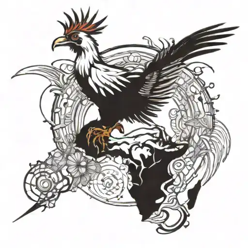 Africa map, rising sun, secretary bird, spear a knobkierie tattoo design idea