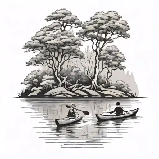 river through mangroe trees with 2 kayaks  tattoo design idea