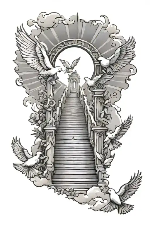 stairway leading to heaven gates doves flying towards the sun tattoo design idea