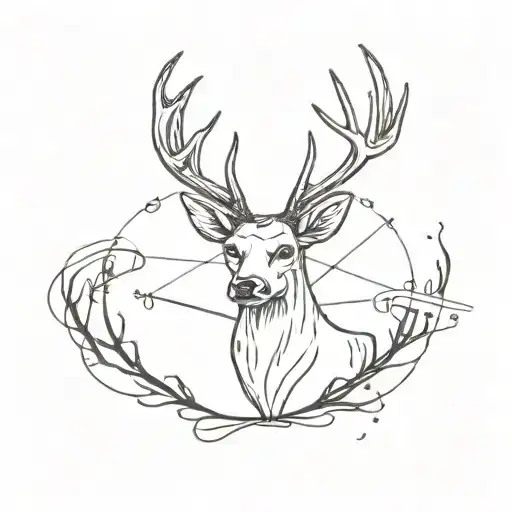 Deer head with fishing line and bait in the antlers tattoo design idea