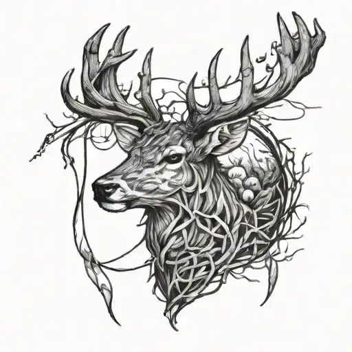 Deer head that's antlers are tangled with  fishing line   tattoo design idea