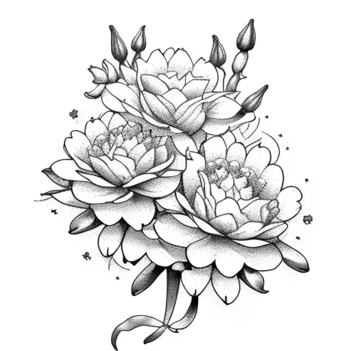 flower bouquet with 3 carnations  2 violets  1 daffodil 1 daisy  1 lily of the valley  2 waterlilies  3 marigolds  1 chr tattoo design idea