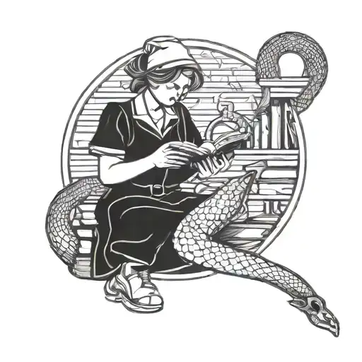 nurse reading a book with a snake tattoo design idea