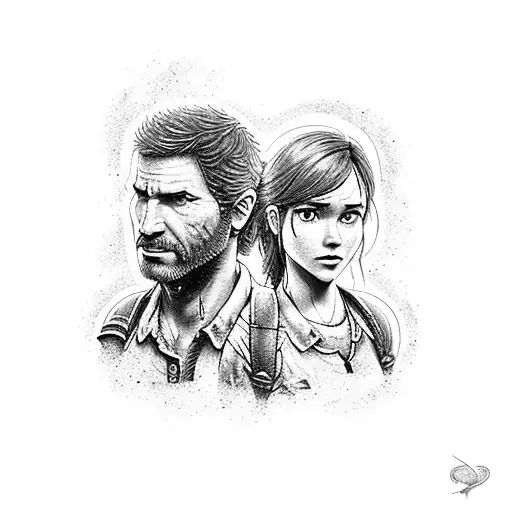 A dotwork tattoo featuring Joel and Ellie from 'The Last of Us' 'Uncharted', set against the backdrop of Porto Alegre. tattoo design idea