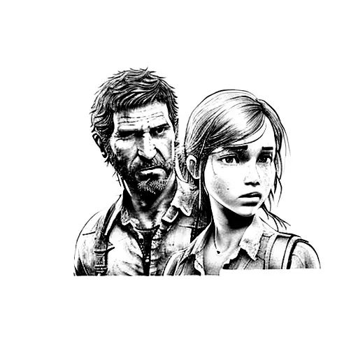 A dotwork tattoo featuring Joel and Ellie from 'The Last of Us' 'Uncharted', set against the backdrop of Porto Alegre. tattoo design idea