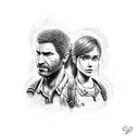 A dotwork tattoo featuring Joel and Ellie from 'The Last of Us' 'Uncharted', set against the backdrop of Porto Alegre. tattoo design idea