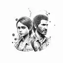 A dotwork tattoo featuring Joel and Ellie from 'The Last of Us' 'Uncharted', set against the backdrop of Porto Alegre. tattoo design idea