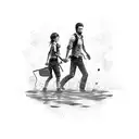 A dotwork tattoo featuring Joel and Ellie from 'The Last of Us' 'Uncharted', set against the backdrop of Porto Alegre. tattoo design idea