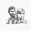 A dotwork tattoo featuring Joel and Ellie from 'The Last of Us' 'Uncharted', set against the backdrop of Porto Alegre. tattoo design idea