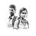 A dotwork tattoo featuring Joel and Ellie from 'The Last of Us' 'Uncharted', set against the backdrop of Porto Alegre. tattoo design idea