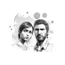 A dotwork tattoo featuring Joel and Ellie from 'The Last of Us' 'Uncharted', set against the backdrop of Porto Alegre. tattoo design idea