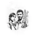 A dotwork tattoo featuring Joel and Ellie from 'The Last of Us' 'Uncharted', set against the backdrop of Porto Alegre. tattoo design idea