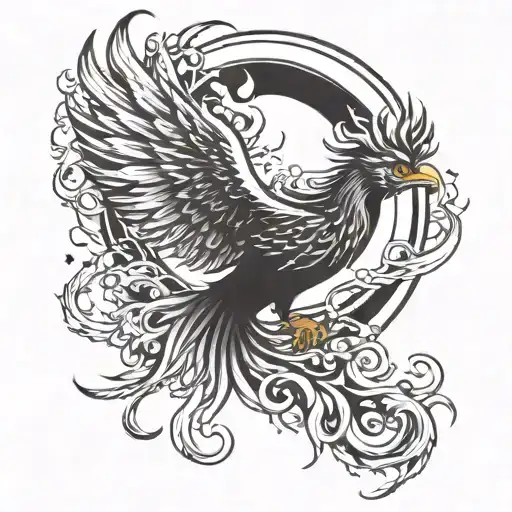 Create a tattoo design featuring a phoenix in the dark night, surrounded by flames, with the moon in the background. The tattoo design idea