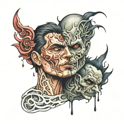 two sided, two face, angry, troubled past, love with a dark twist tattoo design idea