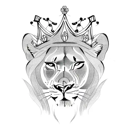 Lioness with a crown and lotus flowers around  tattoo design idea