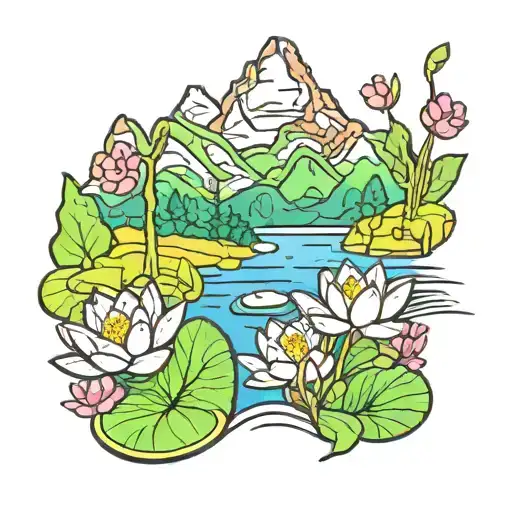 A new-school design featuring a whimsical mountain range with colorful water lilies blooming along the slopes and a primrose hidden among the peaks tattoo design idea