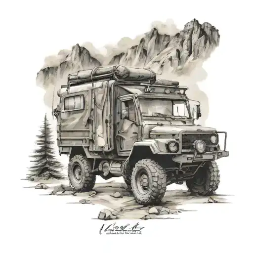 VAGONETA 4X4 EN CARRETERA DIRIGIENDOSE A UNA MONTAÑA tattoo design idea