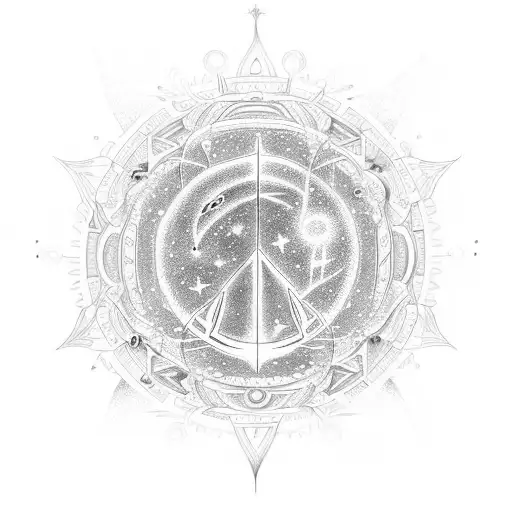 A celestial-inspired tattoo featuring music notes, cultural symbols, and elements of peace in a cosmic setting tattoo design idea