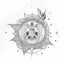 A celestial-inspired tattoo featuring music notes, cultural symbols, and elements of peace in a cosmic setting tattoo design idea