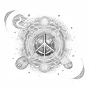 A celestial-inspired tattoo featuring music notes, cultural symbols, and elements of peace in a cosmic setting tattoo design idea