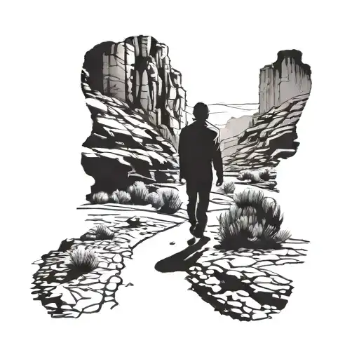 A solitary figure or shadow walking in a desert or urban landscape, representing isolation or solitude. tattoo design idea