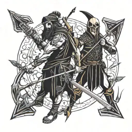 Oxossi with his bow and a single arrow and Xango with an ax in one hand and a thunderbolt in the other tattoo design idea