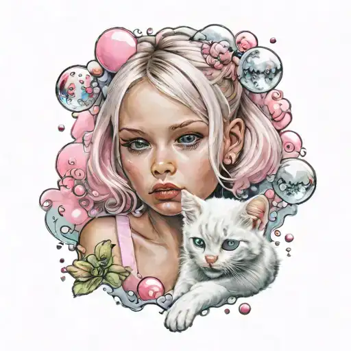 crying blonde girl holding white kitten surrounded by pink bubbles and clouds  tattoo design idea