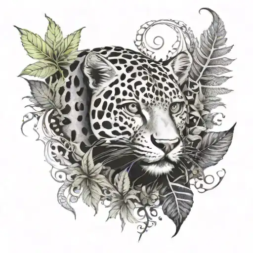 gothic jaguar and dragon with leafs and ferns tattoo design idea