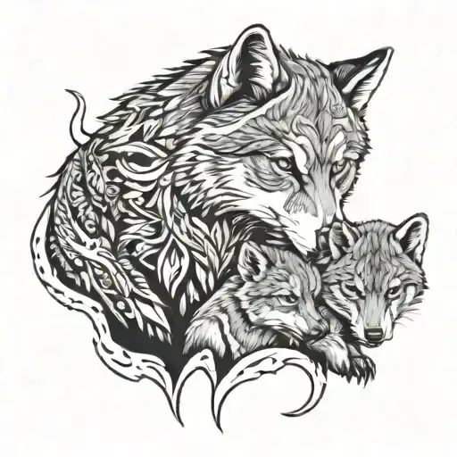 wolve and two cubs playing tattoo design idea
