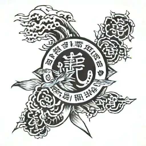 A traditional tattoo of a quote in Japanese writing surrounded by symbols of honor and strength tattoo design idea