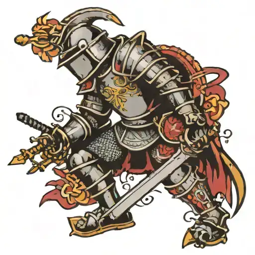 A traditional tattoo of a knight with a sword kneeling surrounded by symbols of honor and strength with Japanese writing tattoo design idea