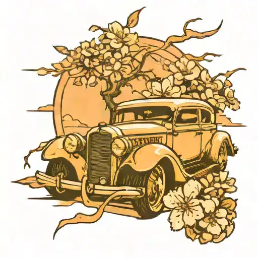 A new-school tattoo of lightning striking a vintage car with Japanese cherry blossoms in the background tattoo design idea