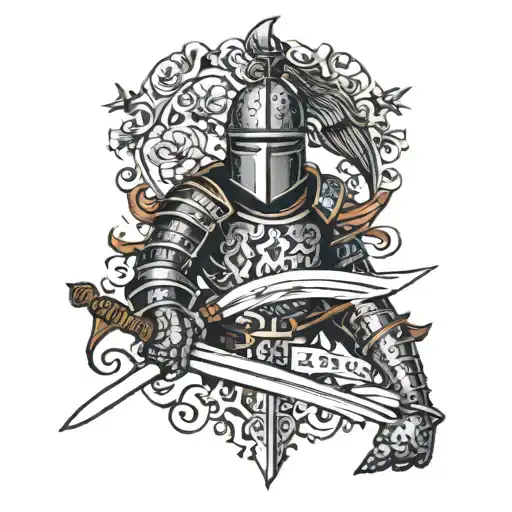 A traditional tattoo of a knight with a sword knee surrounded by symbols of honor and strength with Japanese writing tattoo design idea