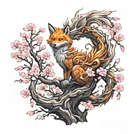 phoenix nine tailed fox dragon cherry blossom tree tattoo design idea