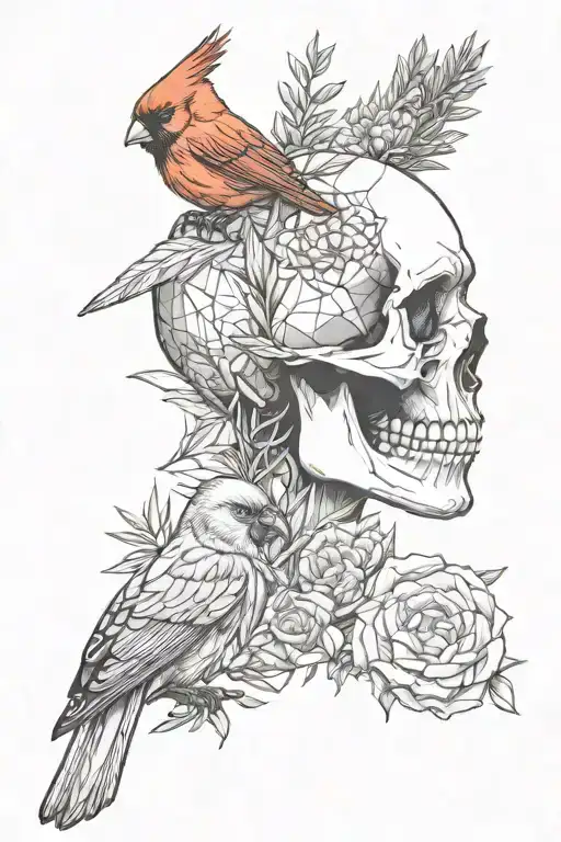 Side profile of a skull with rosemary and lilac also with a male and female cardinal tattoo design idea