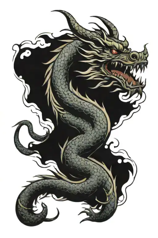 Tattoo of a dragon crawling up back left to right, with the head on the right side of neck blowing fire tattoo design idea