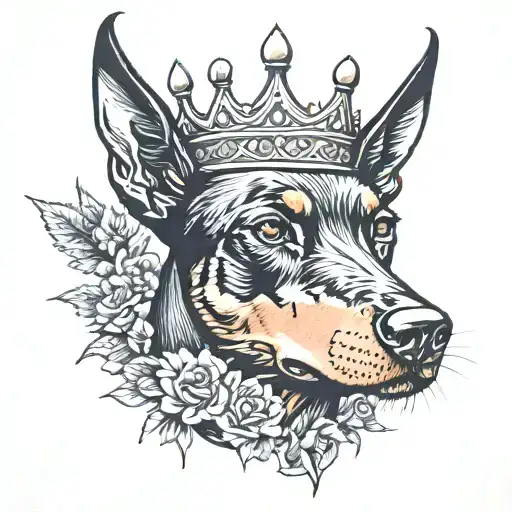 Doberman dog, crown, forest, date 09 04 24  tattoo design idea