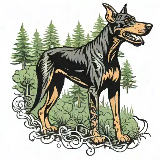 Doberman dog, forest, date 09 04 24 tattoo design idea