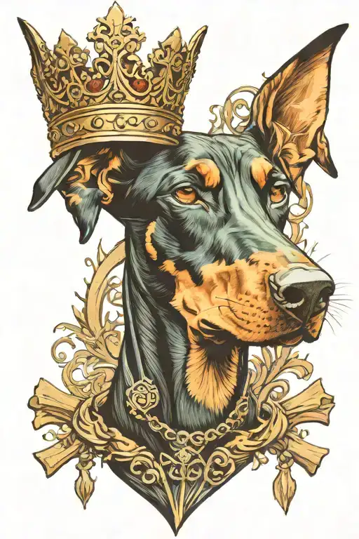 Doberman dog, crown, wooden cross tattoo design idea