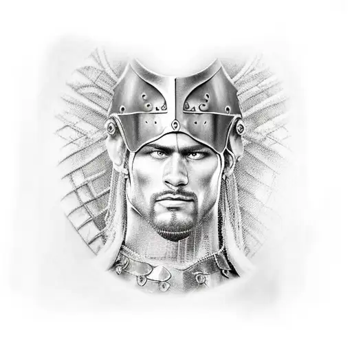A realistic tattoo of a towering Roman warrior, dressed in detailed armor that accurately reflects the historical era. H tattoo design idea