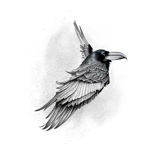 raven with its wings spread with stippling on the tail to fade out tattoo design idea