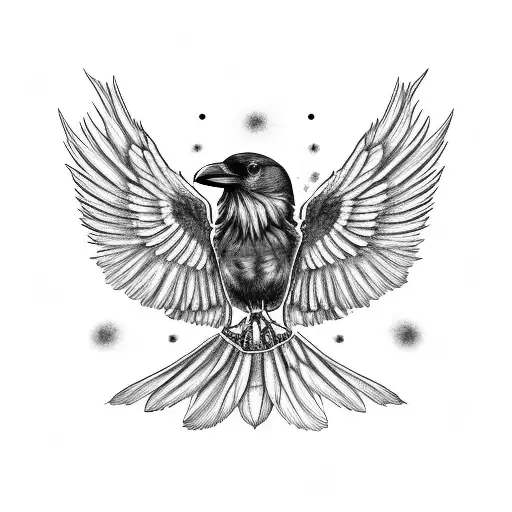 top view of raven with its wings spread with stippling on the tail to fade out tattoo design idea