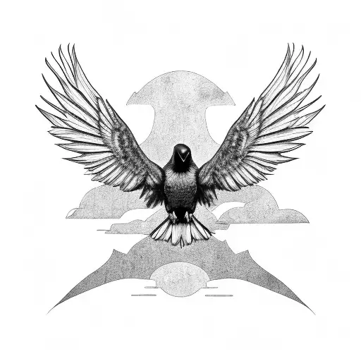 top view of raven with its wings speed and dot work the fade out from the tail tattoo design idea