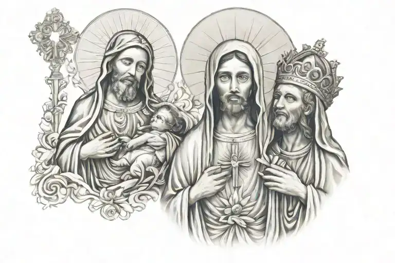 Saint Jude Thaddeus next to the Virgin of Guadalupe, Saint Peter and the Holy Child of Atocha tattoo design idea