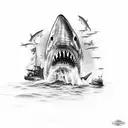 great white shark in foreground with a shipwreck in the background  tattoo design idea