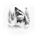 great white shark in foreground with a shipwreck in the background  tattoo design idea