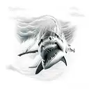 great white shark in foreground with a shipwreck in the background  tattoo design idea